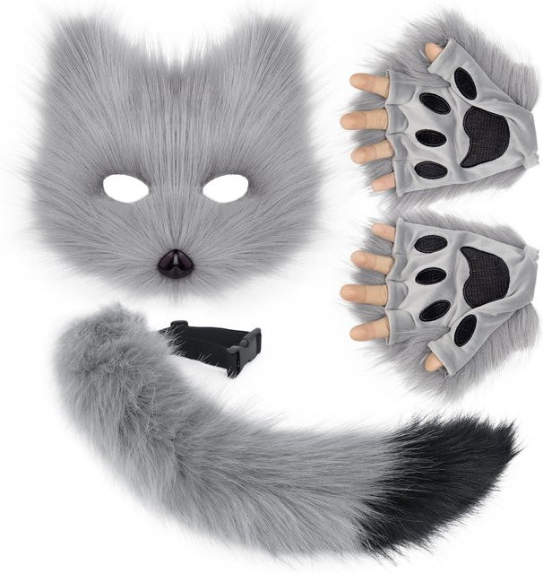 YIRAN Fuchsmaske, Wolf Fuchs Schwanz und Pfoten Handschuhe Set, Erwachsene, Cosplay Tier Party Kostüm - Bild 1