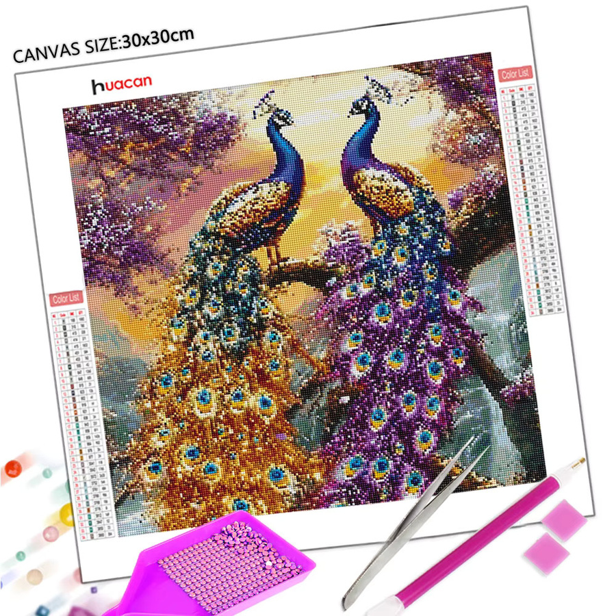 Huacan DIY Diamantmalerei Pfau als 5D Stickerei Bastelset in Mehrfarbig mit runden Mosaiksteinen - Bild 2