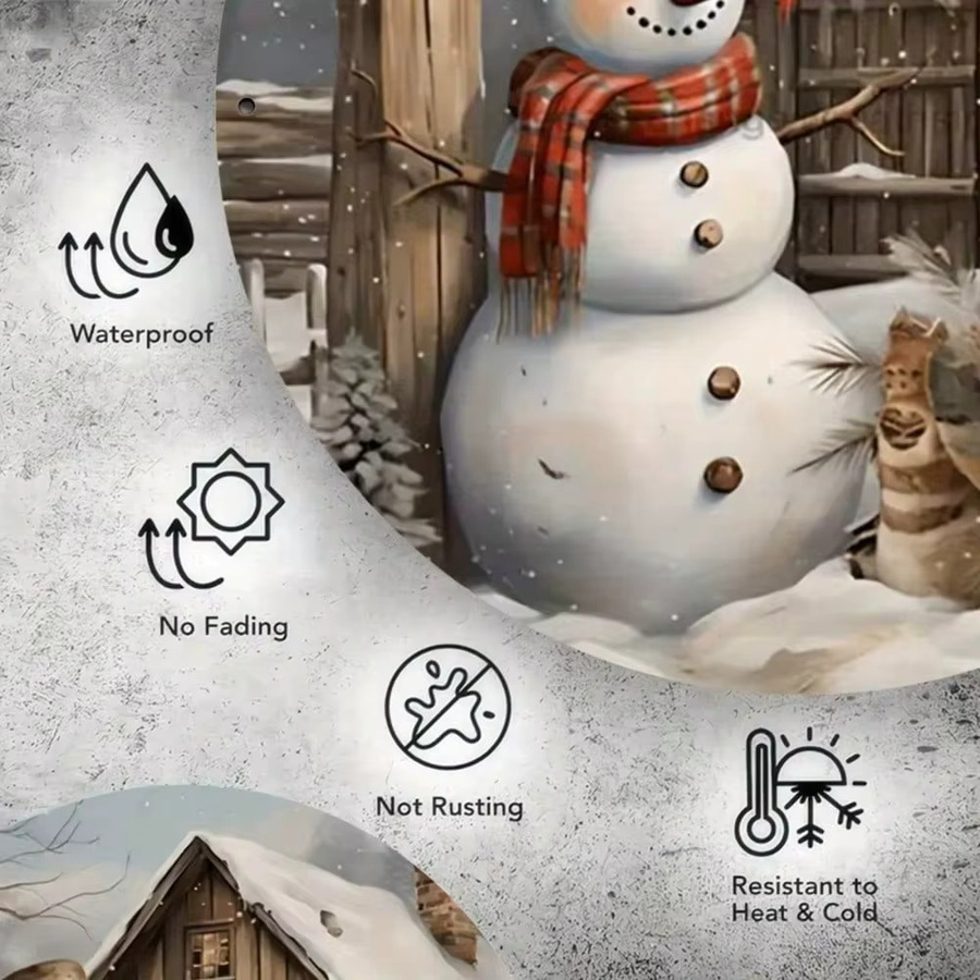 CIFBUY Vintage Metallschild Winterhütte & Schneemann – Rundes Eisenwandbild für Weihnachtsdekoration, Mehrfarbig, Durchmesser: 20 cm - Bild 5