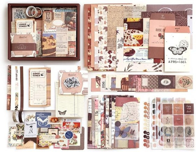 Vintage Scrapbooking Zubehör Set mit ästhetischen Journaling Kits, Papier, Aufklebern und Tape in Multicolour - Bild 1