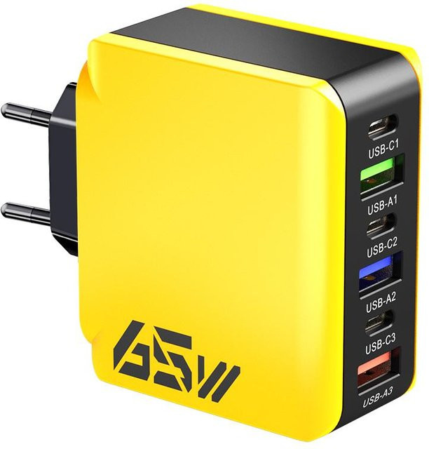 JadeBamboo Chargers Warehouse 65W USB C Wandladegerät Schnellladegerät mit 6 Anschlüssen und Quick Charge 3.0 für iPhone, Xiaomi, Samsung und Oppo, Gelb - Bild 1