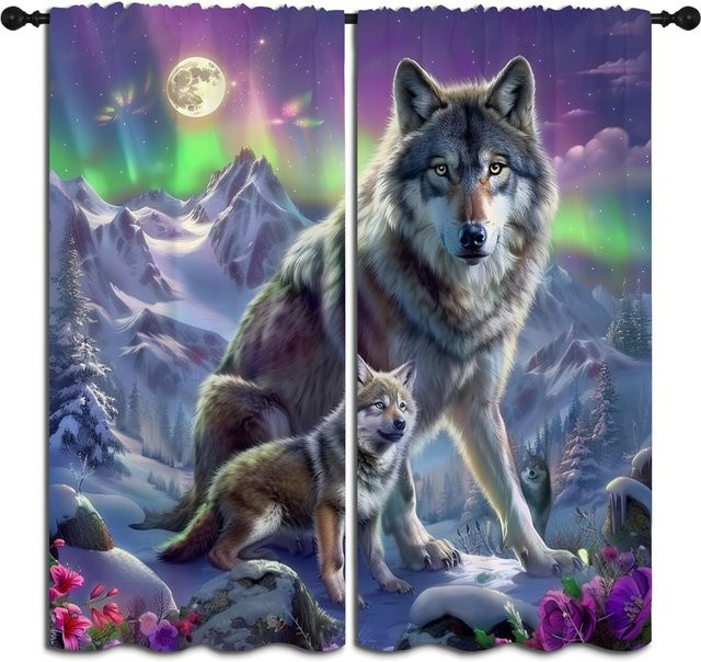 JFCurtain Verdunklungsvorhänge mit Wildtier-Motiv Weißkopfseeadler und Wolf, Thermisch Isoliert, Mehrfarbig, Breite: 60 cm, Höhe: 150 cm - Bild 1