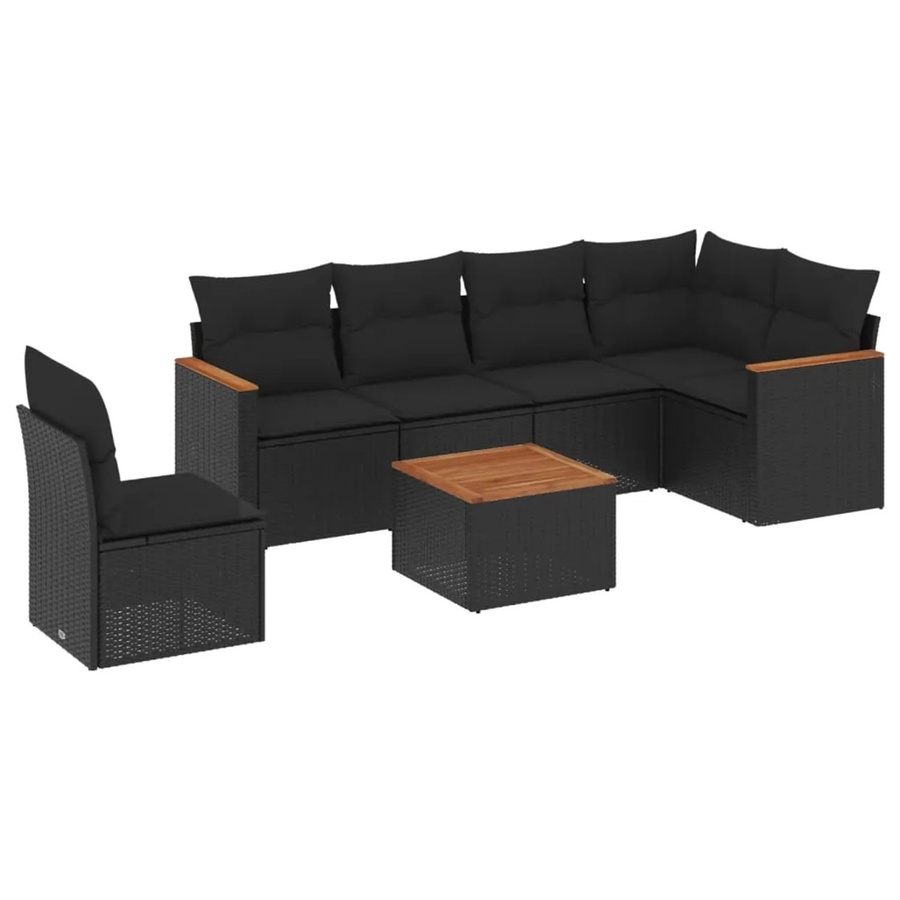 vidaXL 7-teilige Garten-Sofagarnitur aus Poly-Rattan und Akazienholz in Schwarz mit Kissen - Bild 2