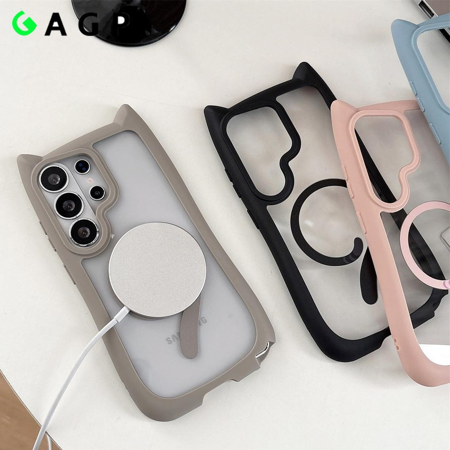 Stoßfeste Samsung Galaxy Handyhülle mit Katzenohren und Magnetfunktion für kabelloses Laden, Transparent/Multicolor - Bild 1