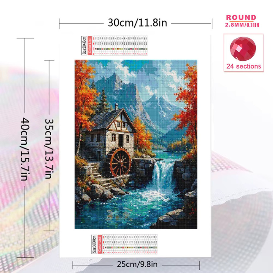 Momoart Diamant-Mosaik DIY Kreuzstich-Stickerei Haus-Landschaft mit Fluss, Rundes Diamant-Gemälde in Multicolour, B/H: 20 x 30 cm - Bild 2