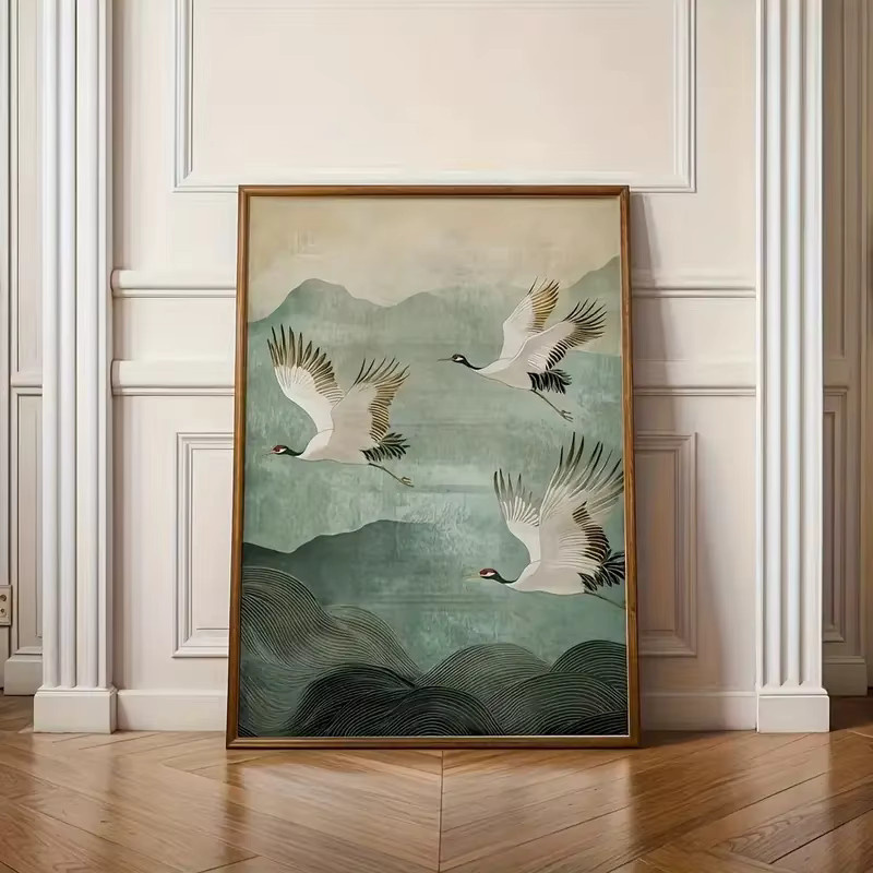 CPWAD Leinwand Poster Abstrakte Berglandschaft mit fliegenden Kranichen in Weiß und Multicolour im Retro Japanischen Stil - Bild 2