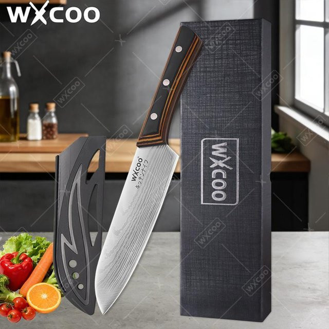 WXCOO Santoku-Messer aus Edelstahl mit Holzgriff, Japanisches Chefmesser, Silber, 17,78 cm - Bild 1