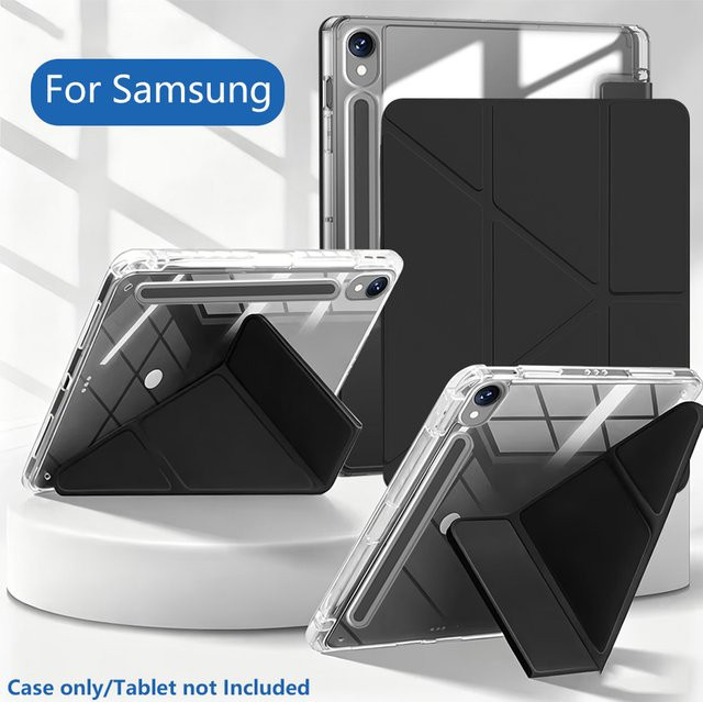 Transparente Y-Fold Acryl-Hülle für Samsung Galaxy Tab S9 S10 FE Lite A9 A11 Plus S11 mit Stifthalter in Schwarz - Bild 1