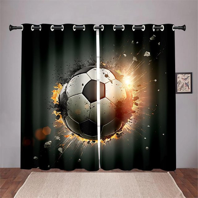 Moderne Fußball Vorhänge für Kinderzimmer und Wohnzimmer, halbtransparent, Schwarz, B: 100 cm, H: 130 cm - Bild 1