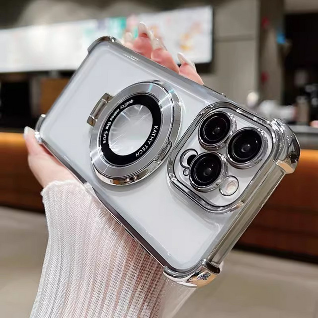 EIENACOCO Stoßfeste Handyhülle mit MagSafe Magnet und Ständerfunktion für iPhone 12 bis 17 Pro Max, Transparent/Gold - Bild 1