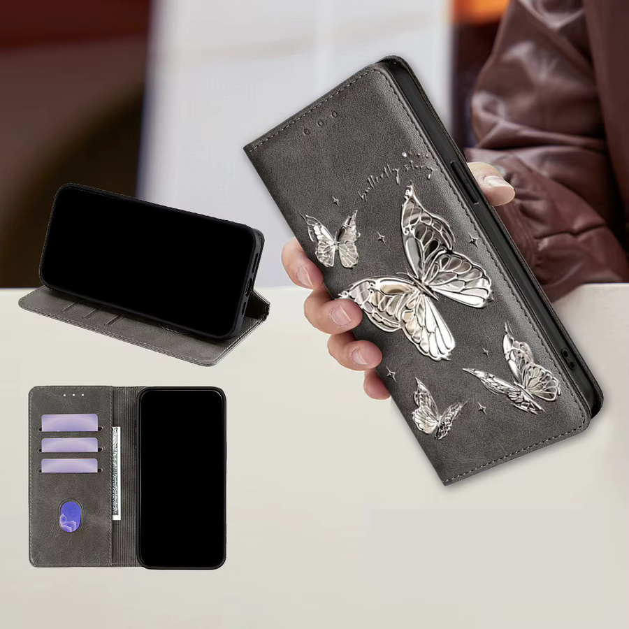 Samsung Handyhülle aus Leder mit Schmetterlingsmuster für Galaxy S25 Ultra, S25 FE, S24, S23, S22 Plus, A56, A36, A26, A17, A07 in Blau und Grau - Bild 3