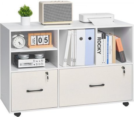 VEVOR Aktenschrank aus Holz mit 2 Schubladen und Rollen, mobiler Büroschrank mit offenen Regalen und Schloss, weiß - Bild 1