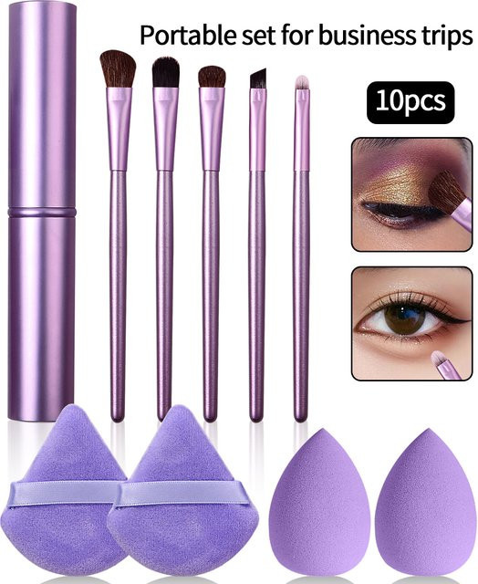 Make-up-Pinsel-Set mit Make-up-Schwamm, 10 Stück, Lila - Bild 1