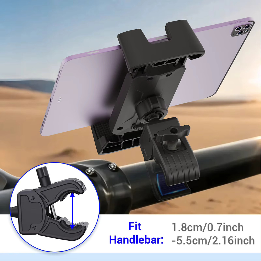 Homhu Universelle Tablet-Halterung für Fitness-Studio Laufband und Fahrrad, Lenker-Clip-Ständer für iPad Pro 11 und 12.9, Air sowie Samsung Smartphones von 4 bis 14 Zoll, Schwarz - Bild 2