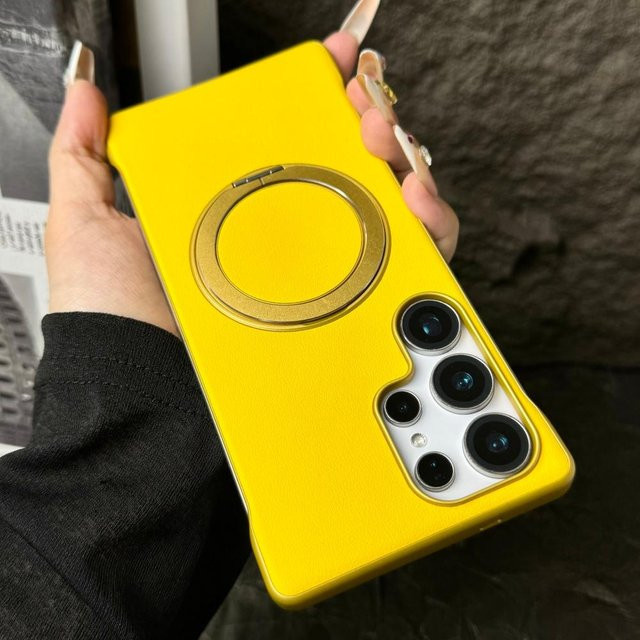 Rahmenlose Leder Handyhülle mit magnetischem Ständer und MagSafe Kompatibilität für Samsung Galaxy S25 Ultra, S24 Ultra und S23 Ultra in Braun, Grau, Blau oder Gelb - Bild 1