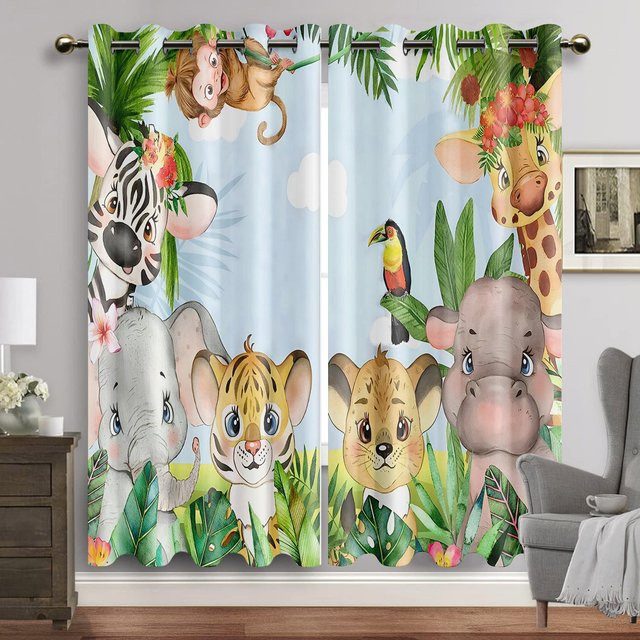 Cartoon Tiere Fenster Vorhang mit Aquarell Hase und Bär sowie Mond-Print, 2er-Set Ösenvorhänge für das Wohnzimmer oder Neugeborenenzimmer, Mehrfarbig, B: 60 cm, H: 60 cm - Bild 1