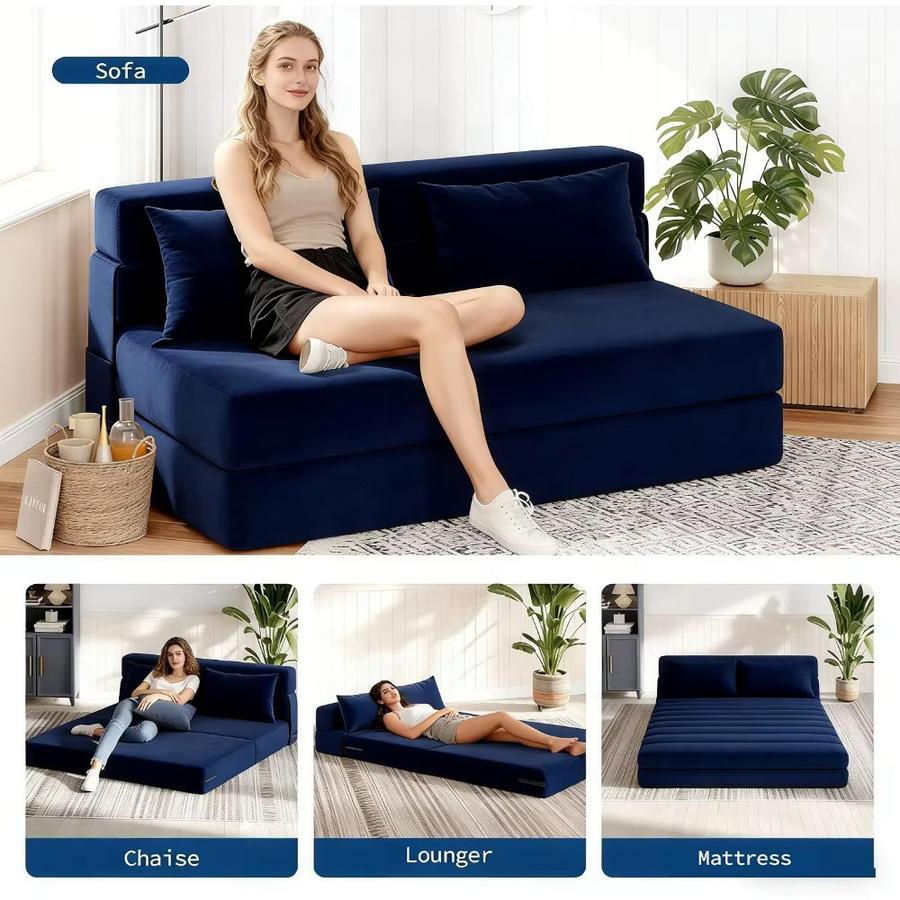 Garvee 2-in-1 Samt-Schlafsofa als 2-Sitzer mit 2 Kissen, ausziehbares Bodensofa mit abnehmbarem Waschbezug, Blau, B/T/H: 200 x 150 x 15 cm - Bild 3