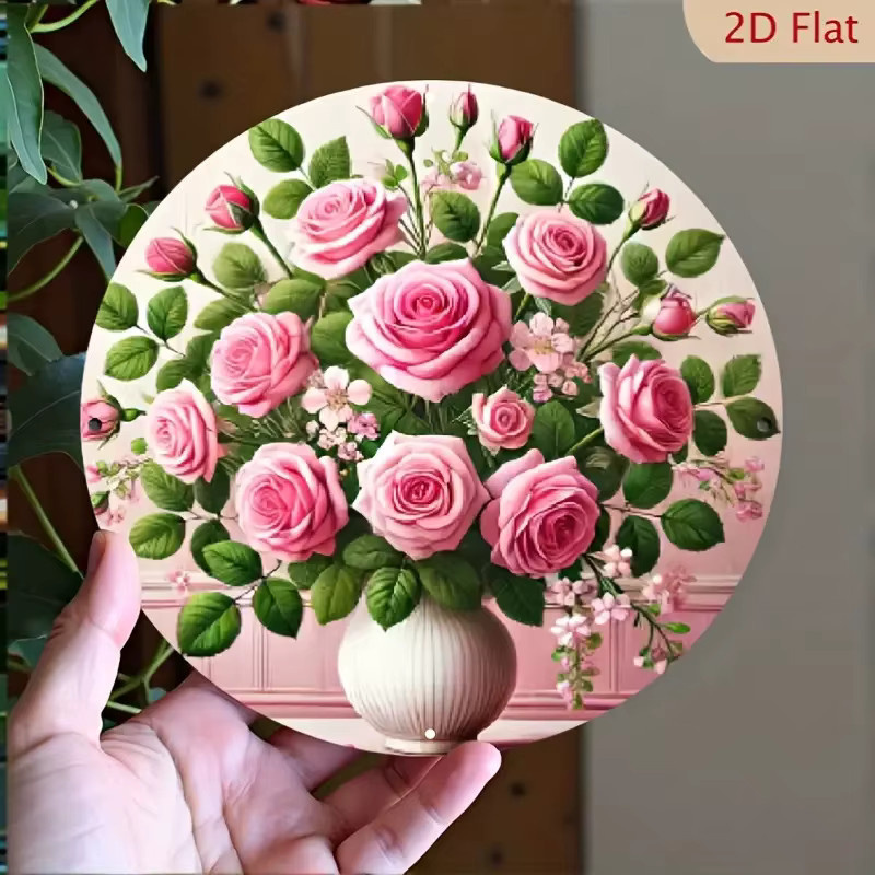 Potdemiel Elegante florale Metall-Wanddekoration in Form eines runden rosa Rosenstraußes, Farbe: Rosa und Grün, Durchmesser: 20,32 cm - Bild 2