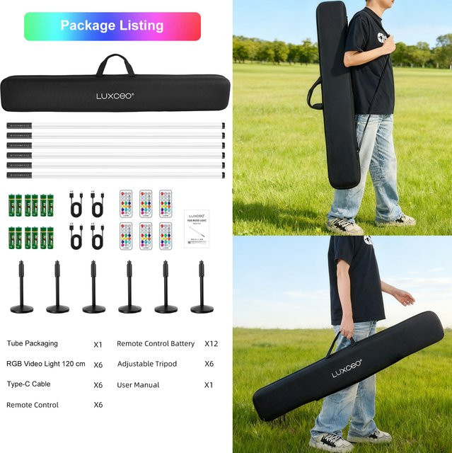LUXCEO 6-teiliges RGB LED Licht- und Stativ-Set in Schwarz mit Musik-Synchronisierung für DJ, Bühne und Events - Bild 1