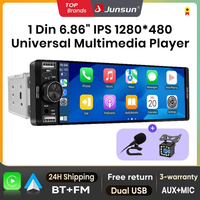 Junsun 1 Din Autoradio mit 6,86 Zoll HD-Bildschirm, kabelloses CarPlay und Android Auto, Bluetooth, USB Typ-C, Schwarz - Bild 1