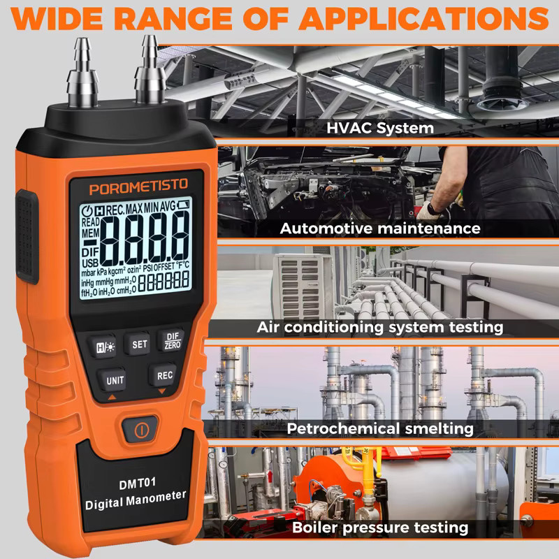 DMT01 Digitales Manometer Druckmessgerät in Orange mit 12 Druckeinheiten als Differenzdruck-Detektor und Luftdruckmesser - Bild 6