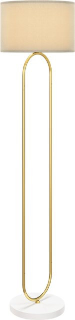 HOMCOM Moderne Stehlampe mit Leinenstoff Lampenschirm und Doppelrohr aus Metall in Gold/Messing mit beige Farbschema für Wohnzimmer und Schlafzimmer - Bild 1