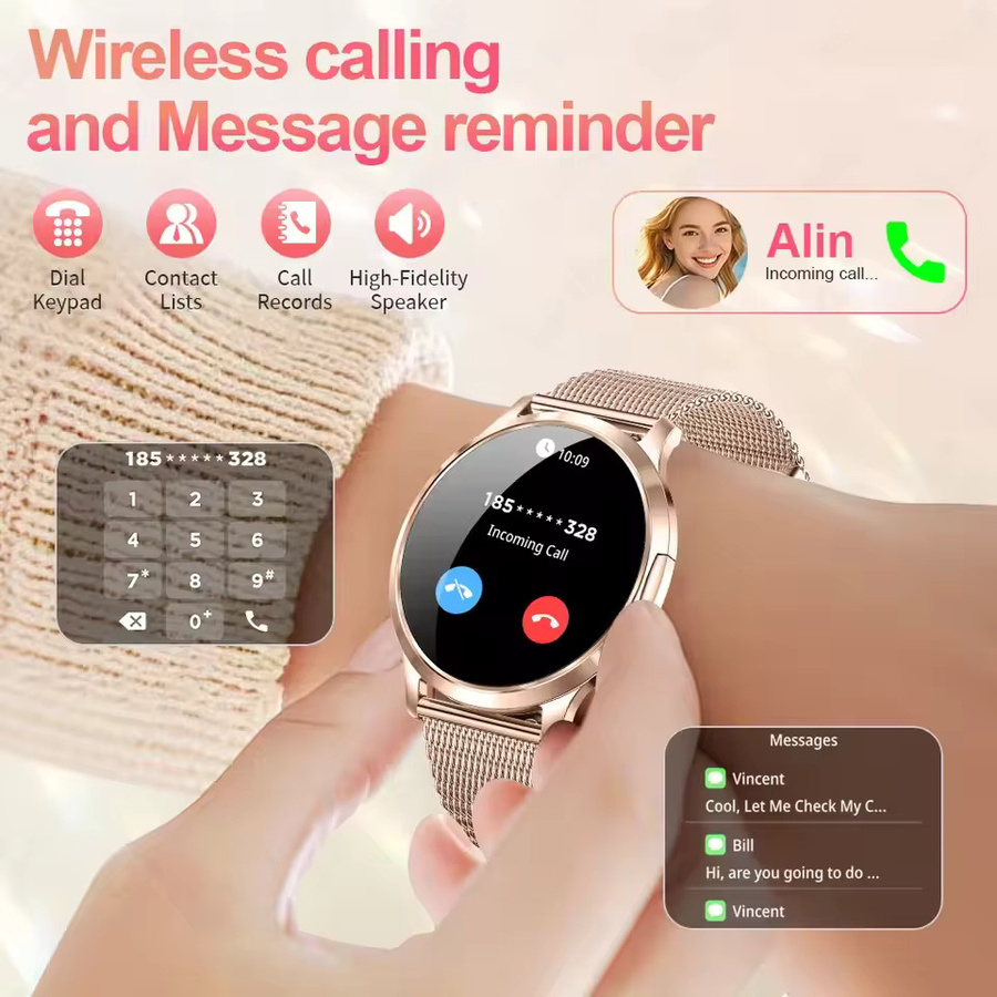 GUHUAVMI NFC Damen Smartwatch mit 1,32 Zoll Full-HD-Touchscreen, Blutdruckmessung und IP69K Wasserdichtigkeit, ultradünn in Schwarz und Gold - Bild 5