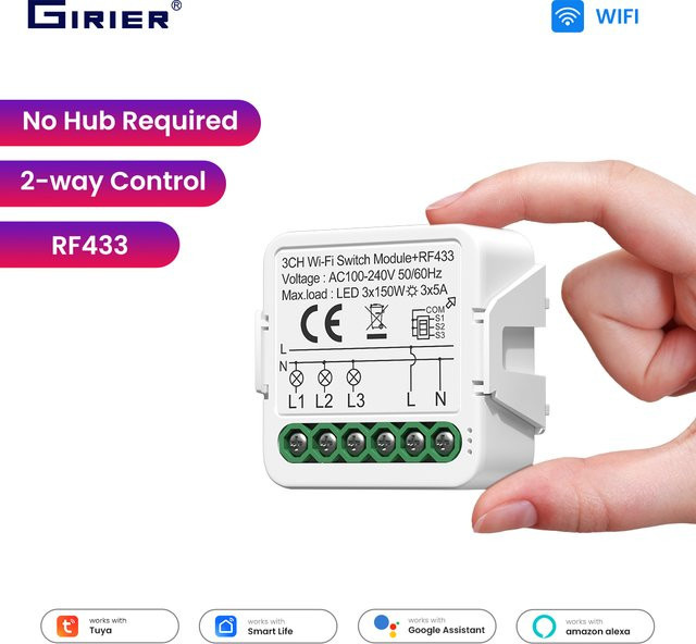 GIRIER Tuya Smart WiFi-Schaltmodul RF433 DIY-Relais Schalter in Weiß mit Neutralleiter-Anschluss, unterstützt 2-Wege-Steuerung und Kompatibilität mit Amazon Alexa und Google Assistant - Bild 1
