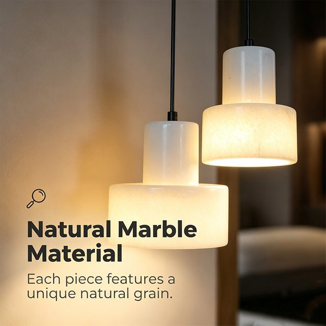 Ceropegia Hängeleuchte aus spanischem Naturmarmor in Weiß mit warmweißem Licht, moderne Zylinder-Pendelleuchte für Esszimmer, Schlafzimmer oder Flur, B/T/H: 15,0 x 15,0 x 16,0 cm - Bild 1