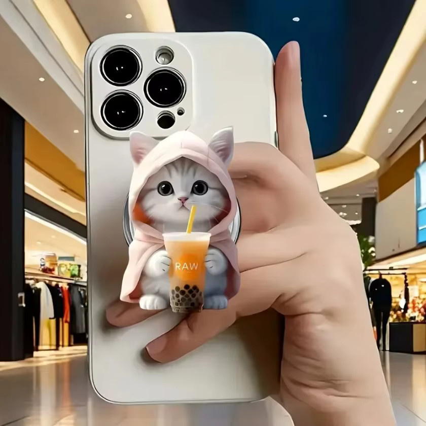 XIKCU Katzen Bubble Tea Handyhalter aus Acryl als faltbarer Finger-Griff und Handyständer für iPhone, Samsung und Xiaomi - Bild 3
