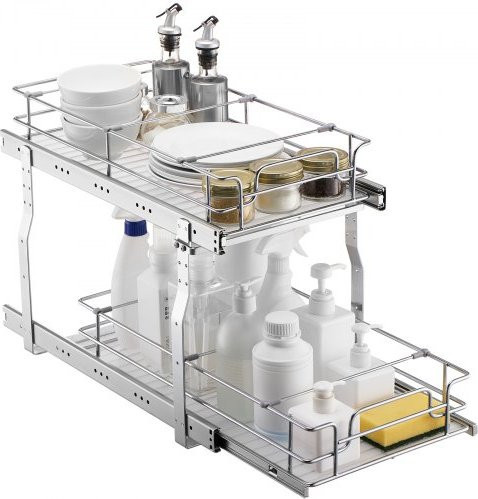 VEVOR Ausziehbarer Spülschrank-Organizer aus Stahl in Silber Matt mit 2 Ebenen, Küchenregal und Lagerregal für unter das Waschbecken, B/T/H: 33,4 x 56,3 x 38,1 cm - Bild 1