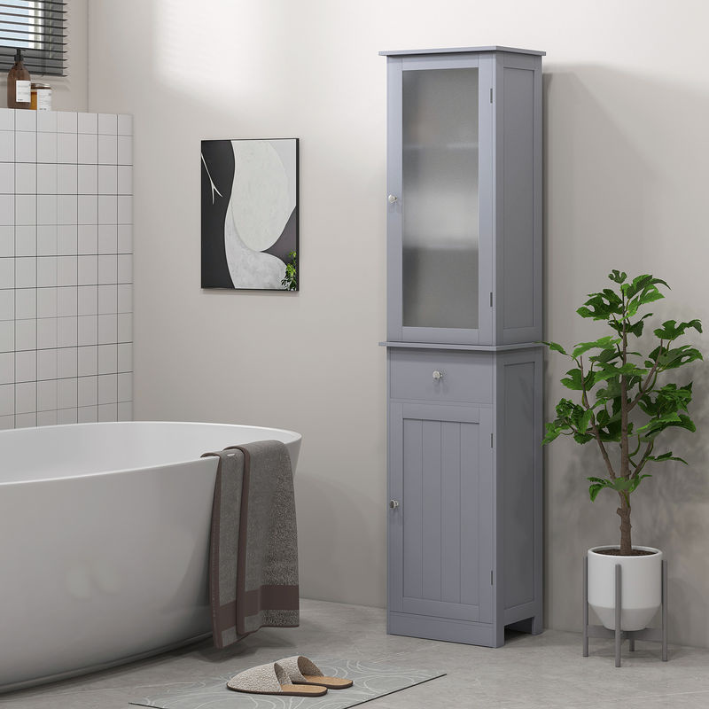 Aosom Kleankin Hochschrank für das Badezimmer in Grau mit Acryltüren, Regalen und Schublade aus MDF - Bild 2