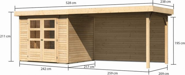 Karibu Gartenhaus ASKOLA 3 aus Holz in Braun mit Anbaudach und Rückwand, Flachdachhaus aus nordischer Fichte, B/T/H: 242 x 217 x 211 cm, Wandstärke: 19 mm - Bild 1