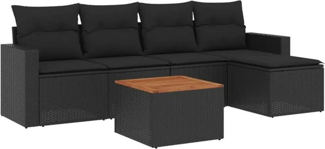 vidaXL 6-tlg Garten-Sofagarnitur aus Poly Rattan und Akazienholz in Schwarz mit Kissen Modell 73 - Bild 1