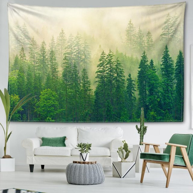 Wandteppich Super Six mit nebliger Waldlandschaft in Grün, Boho-Stil, B: 150 cm, H: 130 cm - Bild 1