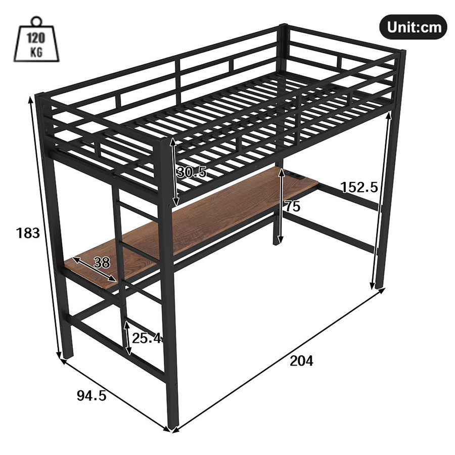 KOMHTOM Hochbett aus Metall in Schwarz mit LED-Lichtleiste, Schreibtisch, Geländer, Trittleiter und USB-Ladestation, B/T/H: 90 x 200 cm - Bild 3