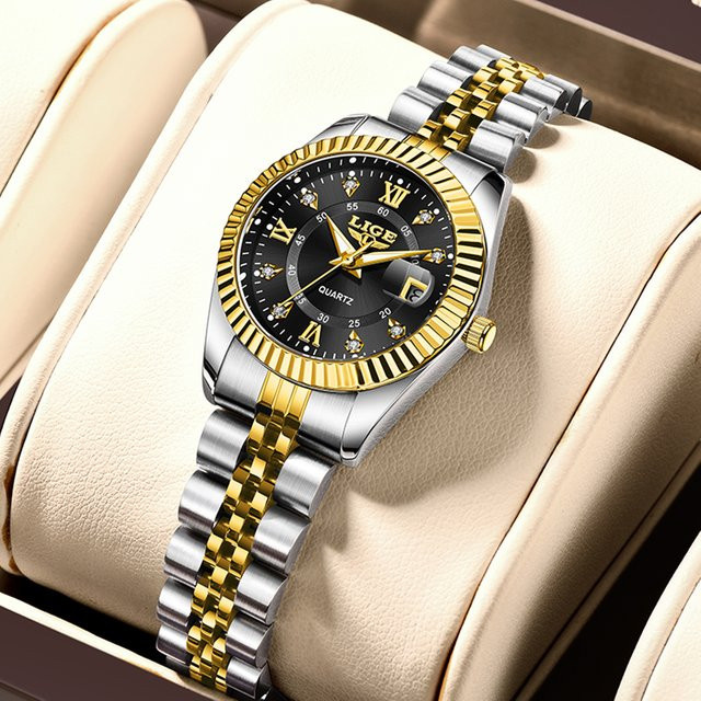 LIGE Armbanduhr Quarz, Edelstahl, Schwarz, Silber, Damen - Bild 1