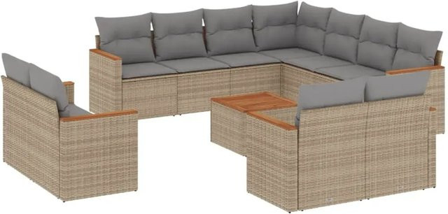 vidaXL 12-teilige Garten-Sofagarnitur aus Poly-Rattan und Akazienholz in Beige mit Kissen - Bild 1