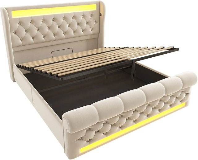 Merax Polsterbett mit LED-Unterbettbeleuchtung und USB-C Ladestation in Beige, B/T/H: 140 x 200 x 110 cm (Höhe: 146 cm, Gesamthöhe: 220 cm) - Bild 1