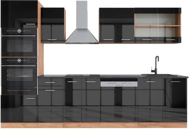 Vicco R-Line Küchenzeile Anthrazit Hochglanz und Goldkraft Eiche mit Hochschrank Breite: 300 cm - Bild 1