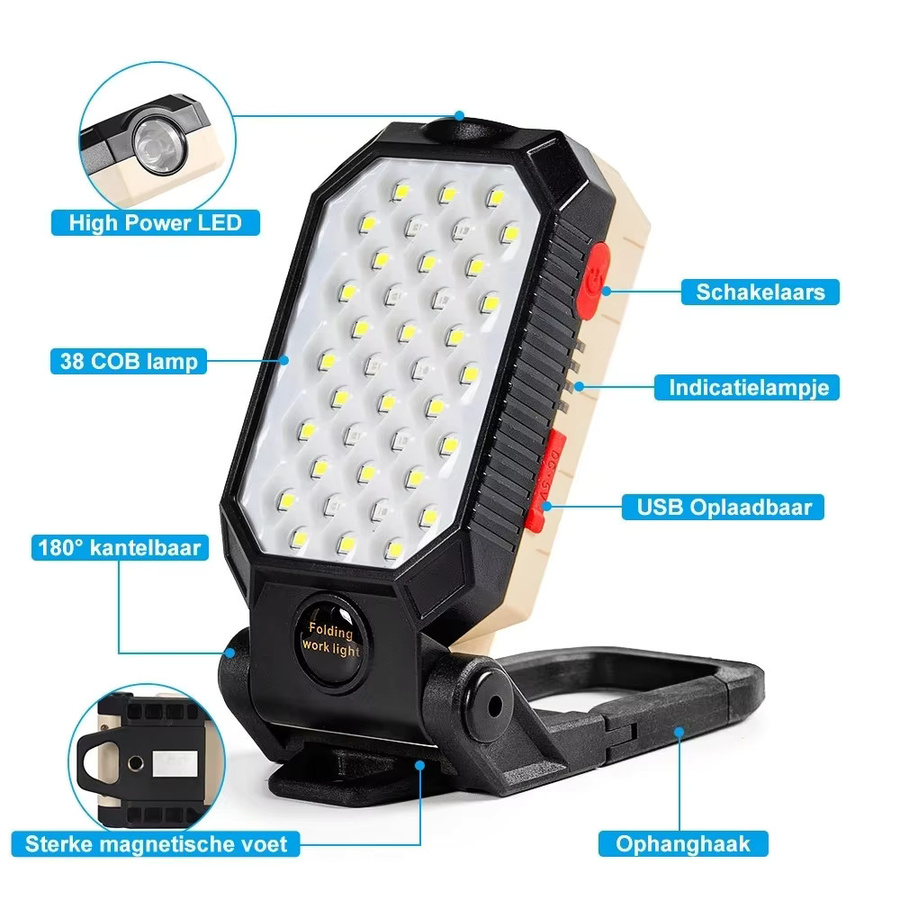 XIWANGFIRE LED COB Arbeitsleuchte, tragbare wiederaufladbare Taschenlampe mit Magnet und Leistungsanzeige, wasserdichte Campinglaterne in Schwarz - Bild 3