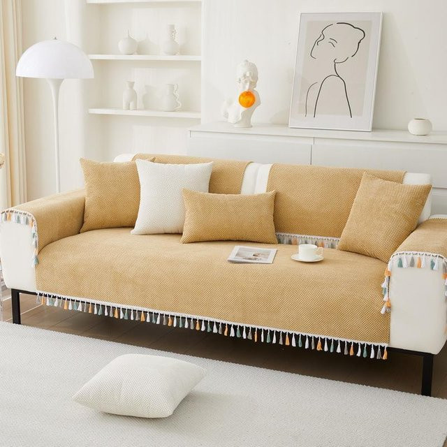 Modernes Sofakissen mit Kord-Quasten in Beige, quadratisch, B/B: 70 x 70 cm - Bild 1
