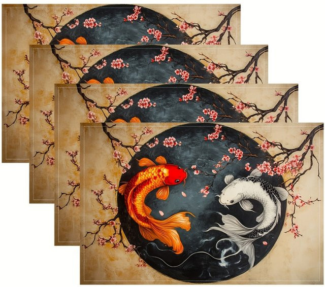 VIKAMA 4-teiliges Tischset Set Yin Yang Koi Kirschblüten in Mehrfarben, wasserdichte rechteckige Tischsets aus PVC für Küche und Esszimmer - Bild 1