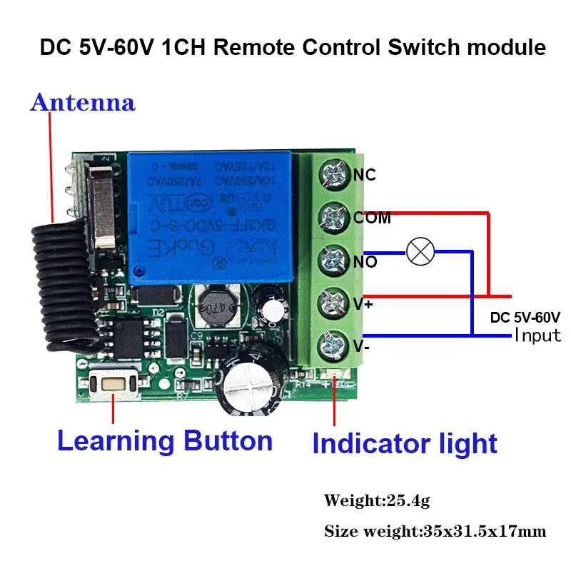 CENFAYA Drahtloser RF Relais Empfänger Modul mit Fernbedienung 1CH EIN/AUS Schalter für LED Licht Tor und Tür (6V 9V 12V 24V) - Bild 3
