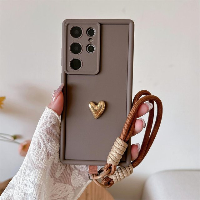 3D Gold Liebe Herz Silikon Handyhülle mit Handgelenk Kette für Samsung Galaxy S24 S23 S22 S21 Ultra Plus FE Note 20 A26 A16 A05 in Gold und Schwarz - Bild 1