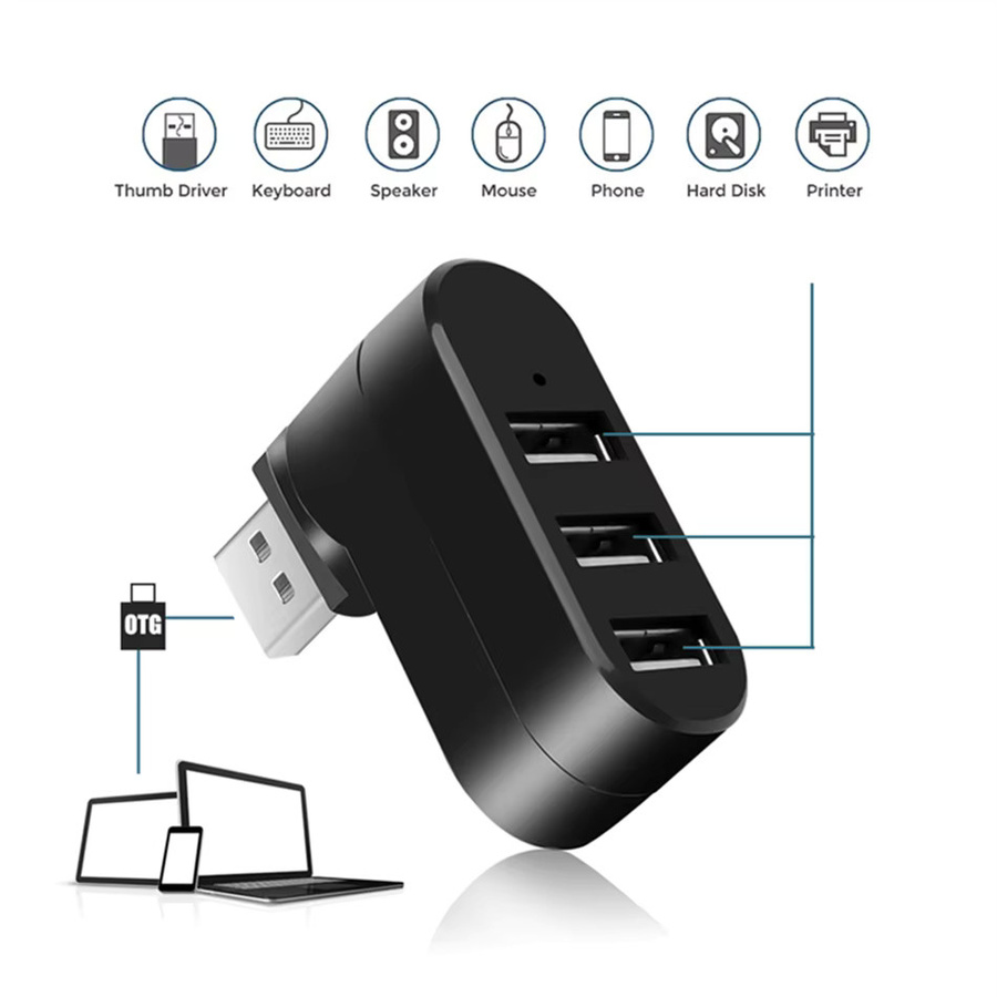 WvvMvv Mini 3-Port USB-Hub mit 180 Grad Drehung, USB 3.0 und 2.0 Multi-Adapter für Laptop, MacBook und PC, Schwarz oder Weiß - Bild 4