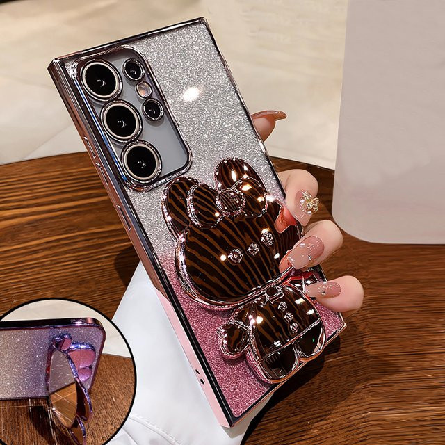 Luxuriöse Glitzer-Handyhülle mit Kaninchen-Make-up-Spiegelhalter und Anti-Drop-Schutz für Samsung Galaxy S 25 24 23 22 Ultra Plus FE in Schwarz - Bild 1