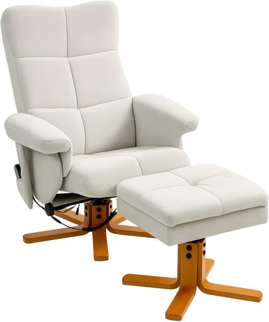 HOMCOM Relaxsessel mit Hocker und Liegefunktion in Weiß, Massagesessel aus Polyester und Schaumstoff mit Holzrahmen, T: 80 cm, B: 86 cm, H: 99 cm - Bild 1