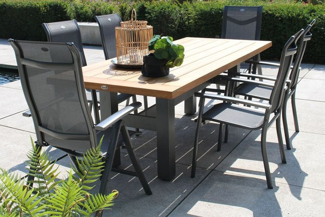 Hartman Garten-Essgruppe Yasmani/Alice Comfort in Anthrazit aus Aluminium und Teakholz mit Tisch und 6 Stühlen (4 Stapelstühle, 2 Klappstühle), B/T: 240 x 100 cm - Bild 1
