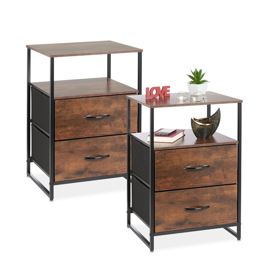 Relaxdays Nachttisch 2er Set im Industrial-Stil aus Metall und Buchenholz, Schwarz-Braun, Höhe: 70 cm, Breite: 45 cm, Tiefe: 42,5 cm - Bild 2